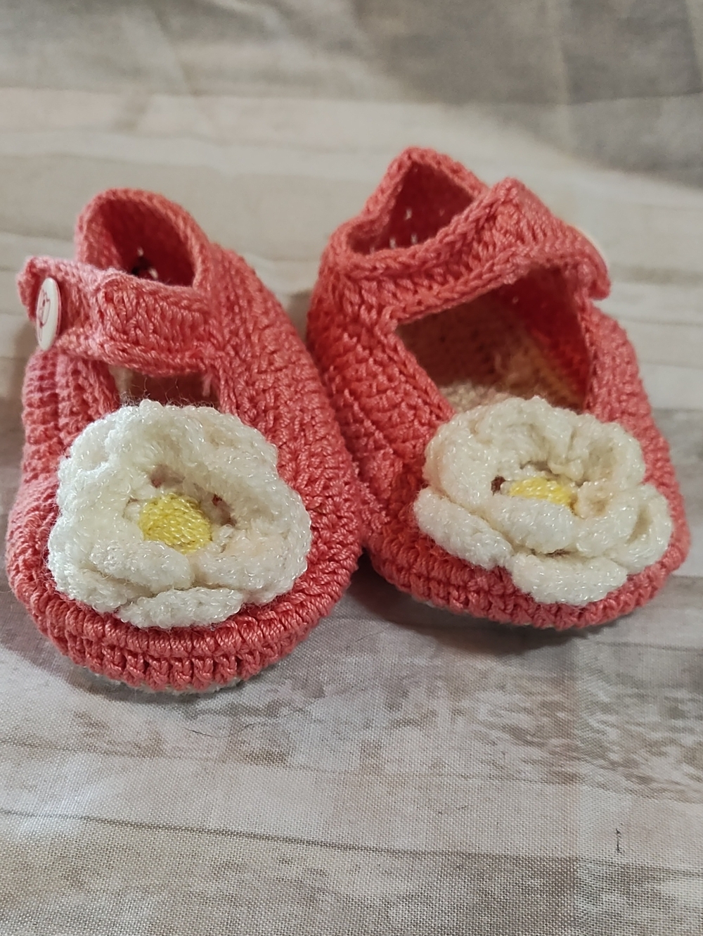 Handmade Coral Crochet Baby Mary Jane Shoes with Cream Flower Accent